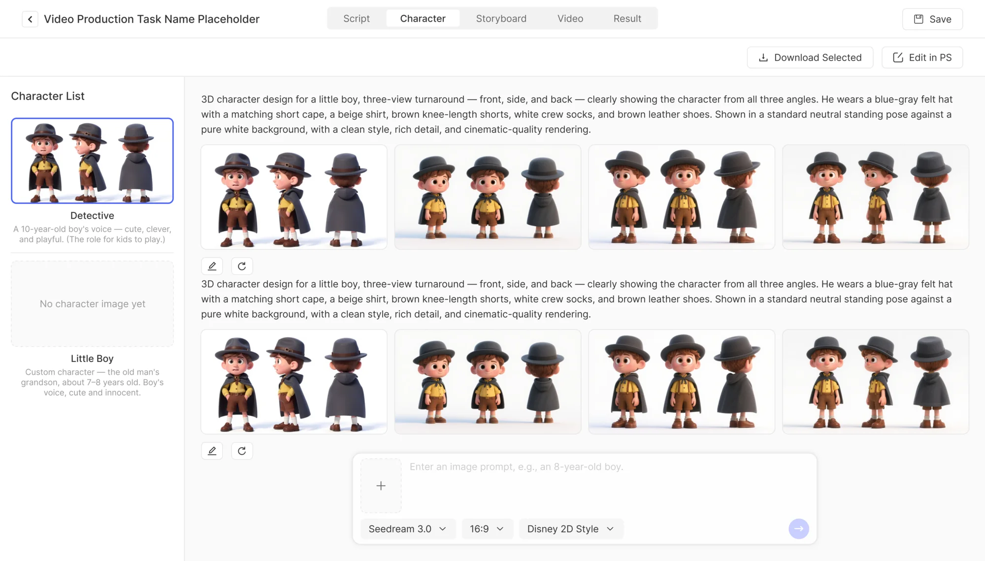 Character tab: a character list with approved three-view turnarounds and prompt, model, ratio and style controls