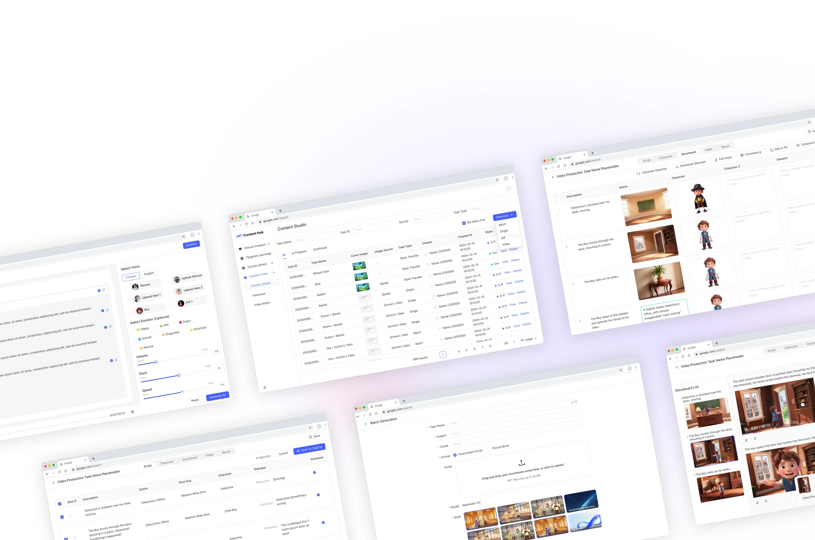Content Studio screens arranged in perspective: the task list, the video storyboard editor, the voice generator and batch image generation