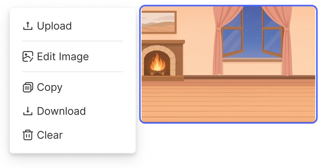 Menu on a generated image, offering Upload, Edit Image, Copy, Download and Clear