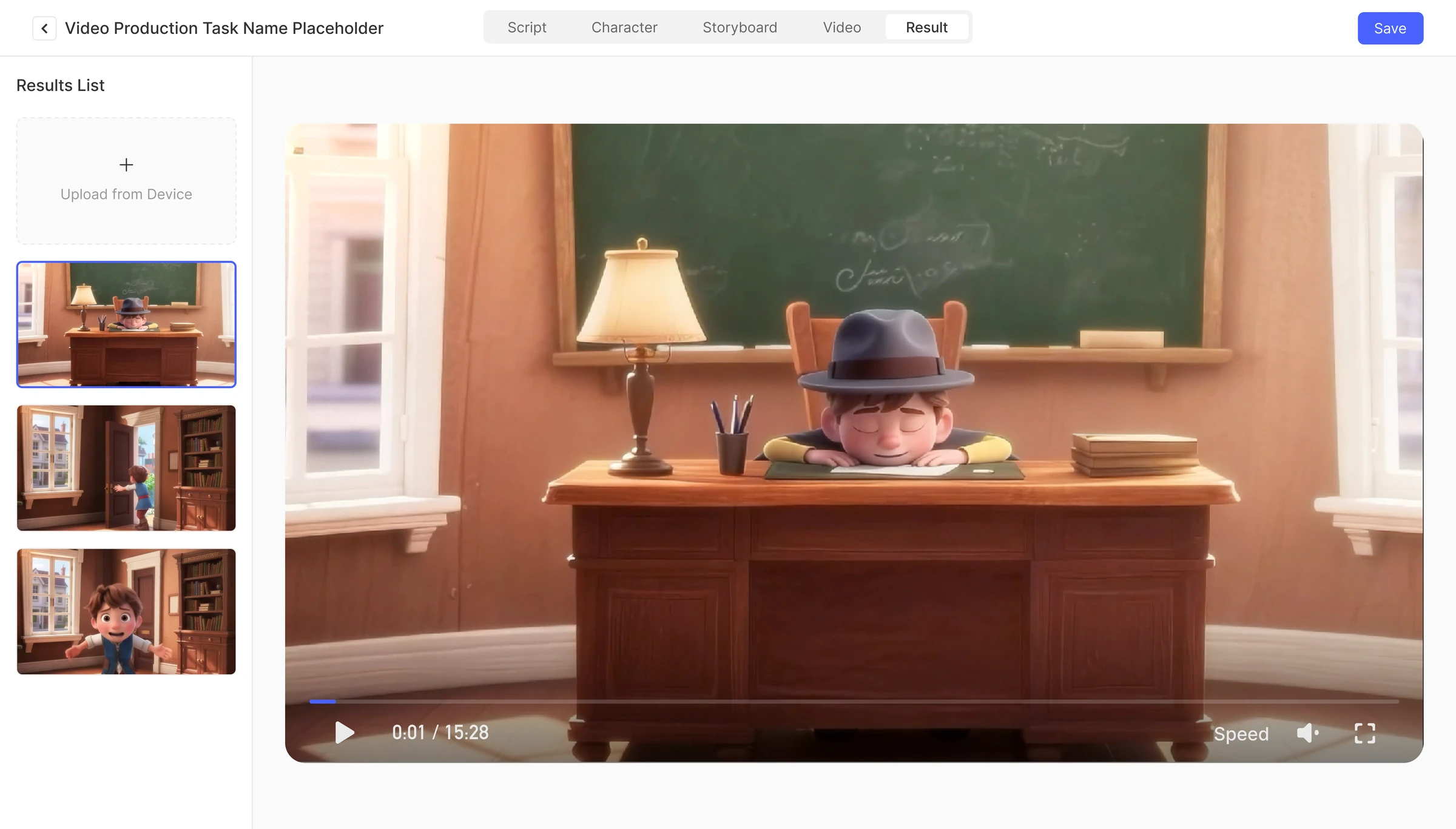 Result tab: the finished video playing with the shot list beside it