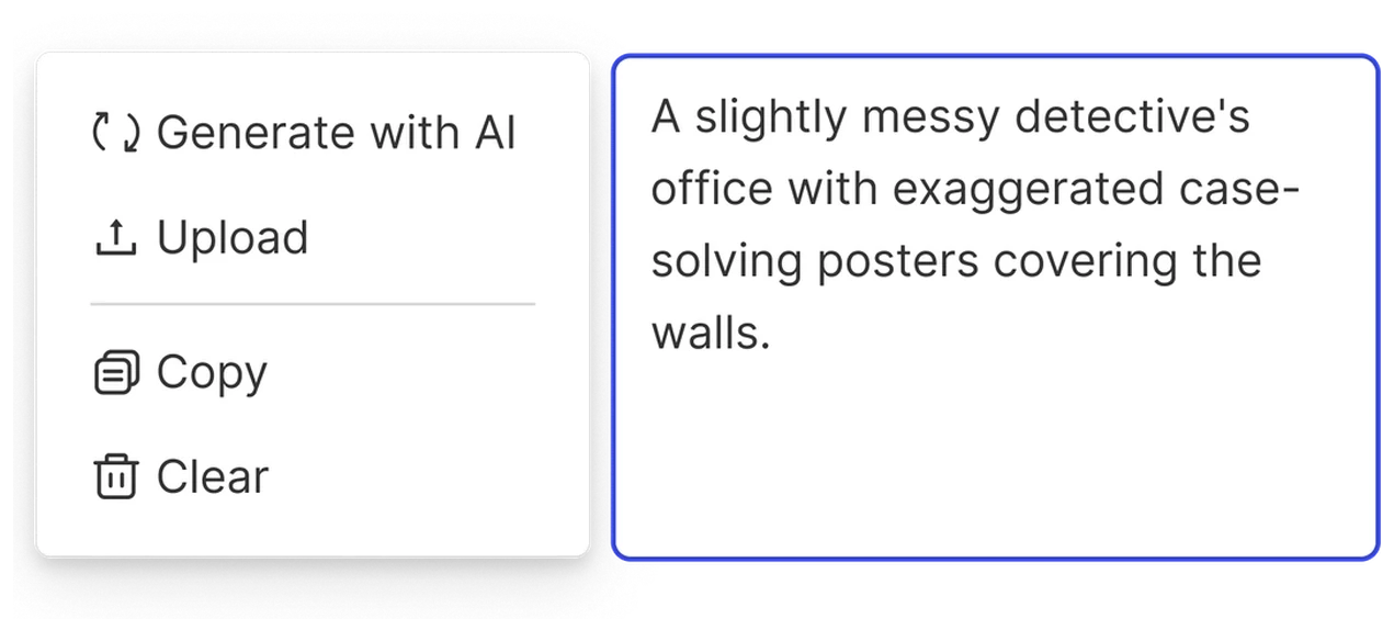 Menu opened on a filled prompt cell, offering Generate with AI, Upload, Copy and Clear