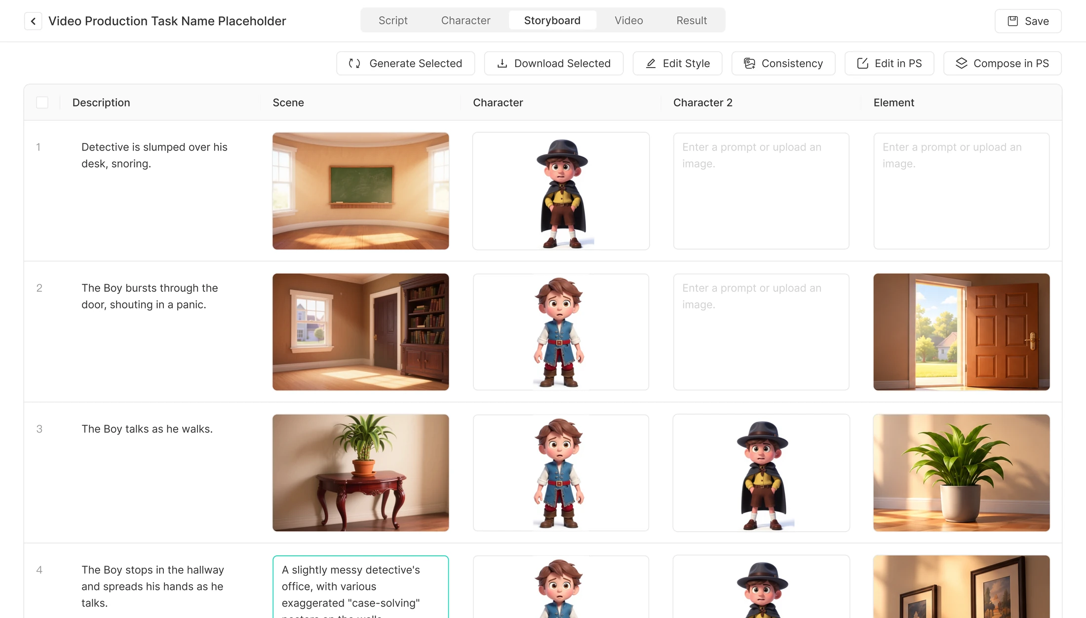 Storyboard tab: each shot as a row with description, scene, character and element frames, plus Generate Selected, Consistency and Edit in PS actions