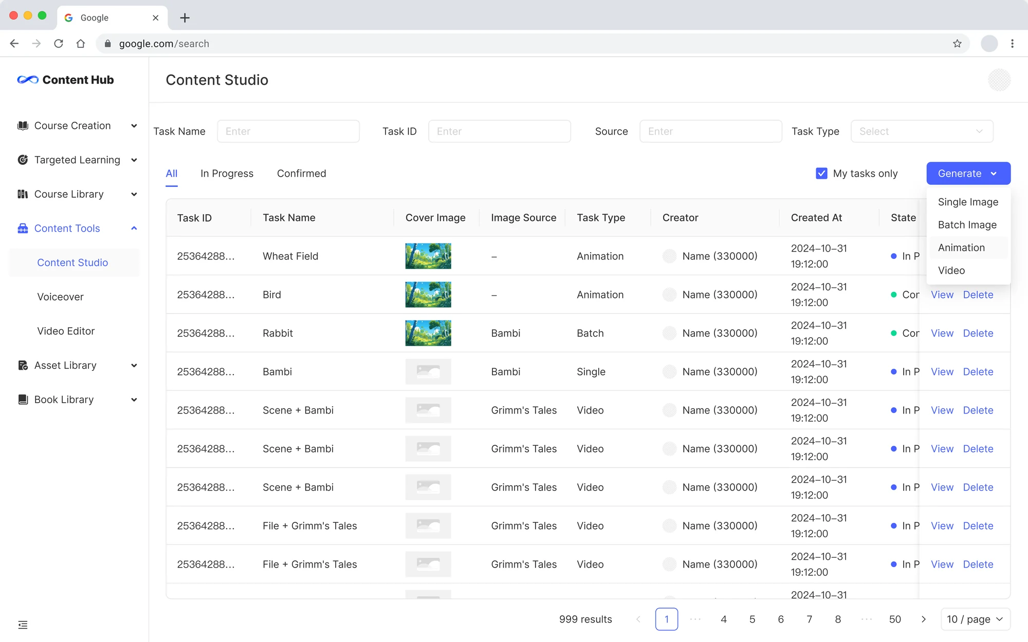 Content Studio task list: rows of generation tasks with cover image, image source, task type, creator, timestamp and state, with the Generate menu open on Batch, Single, GIF and Video