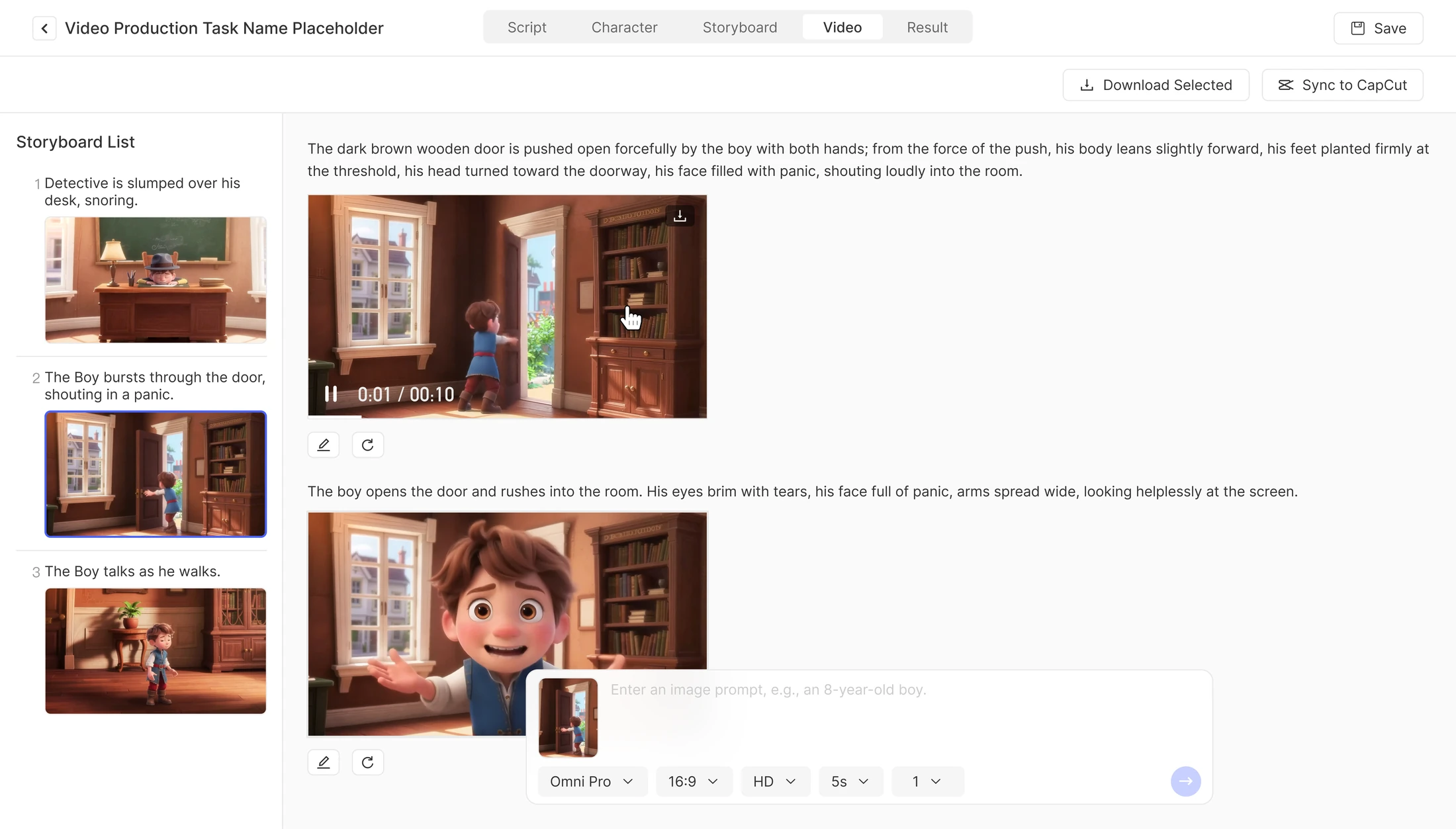 Video tab: storyboard list on the left, generated clips with playback controls and a sync-to-CapCut action
