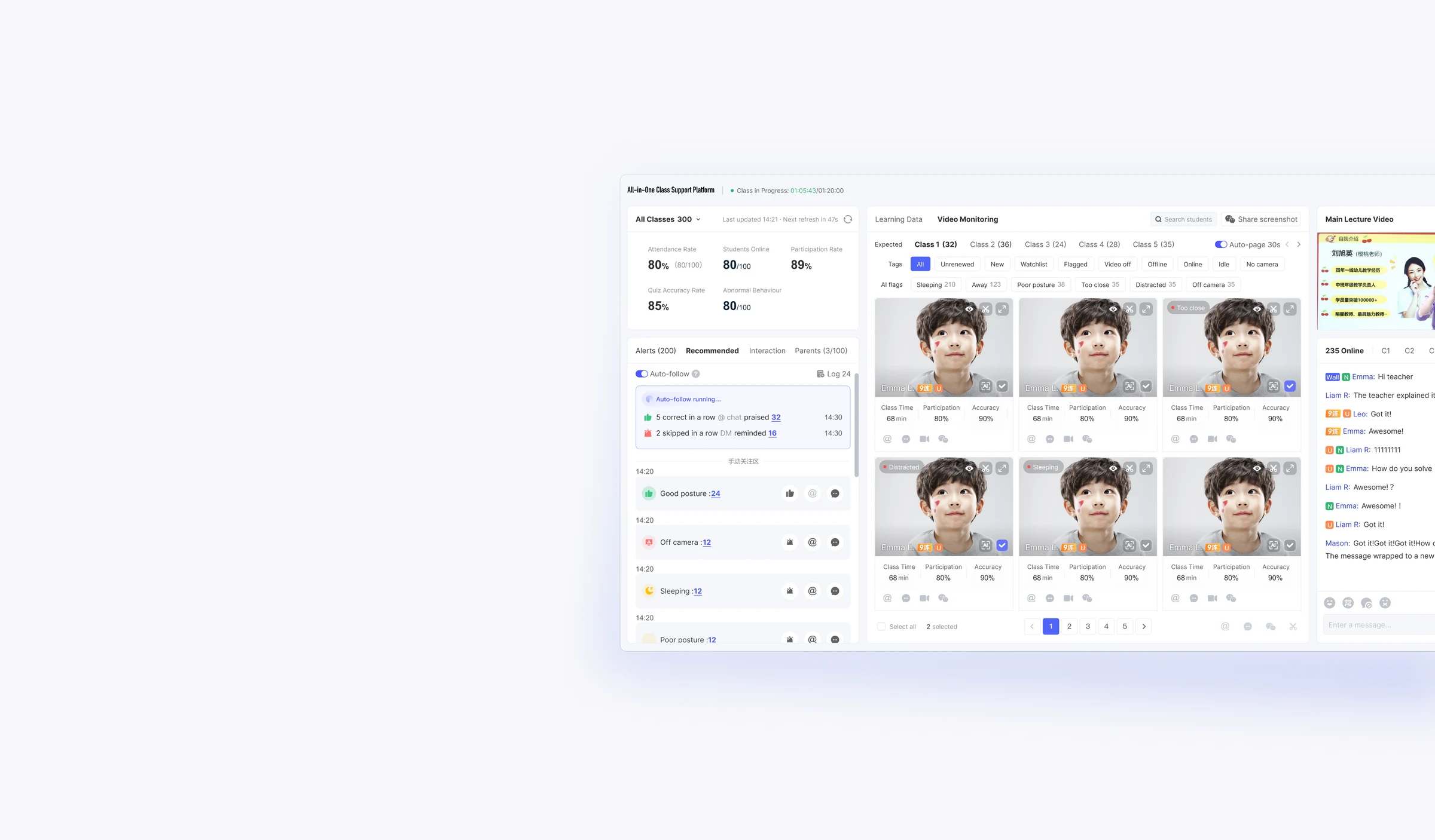 Tutor Operations Platform dashboard: class metrics and alerts beside a grid of live student video tiles
