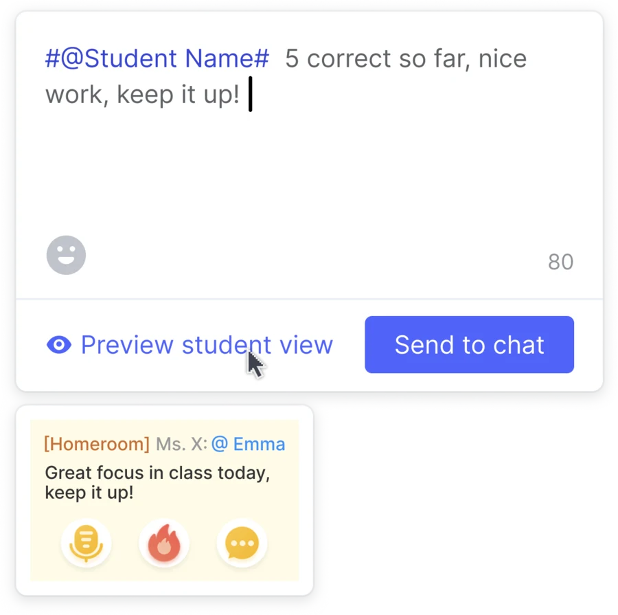 Compose an @-mention in class chat, with the praise message and the card the student sees