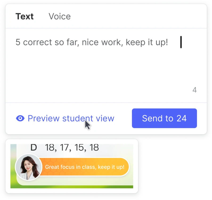 Compose a text direct message to 24 students, with the card the student sees