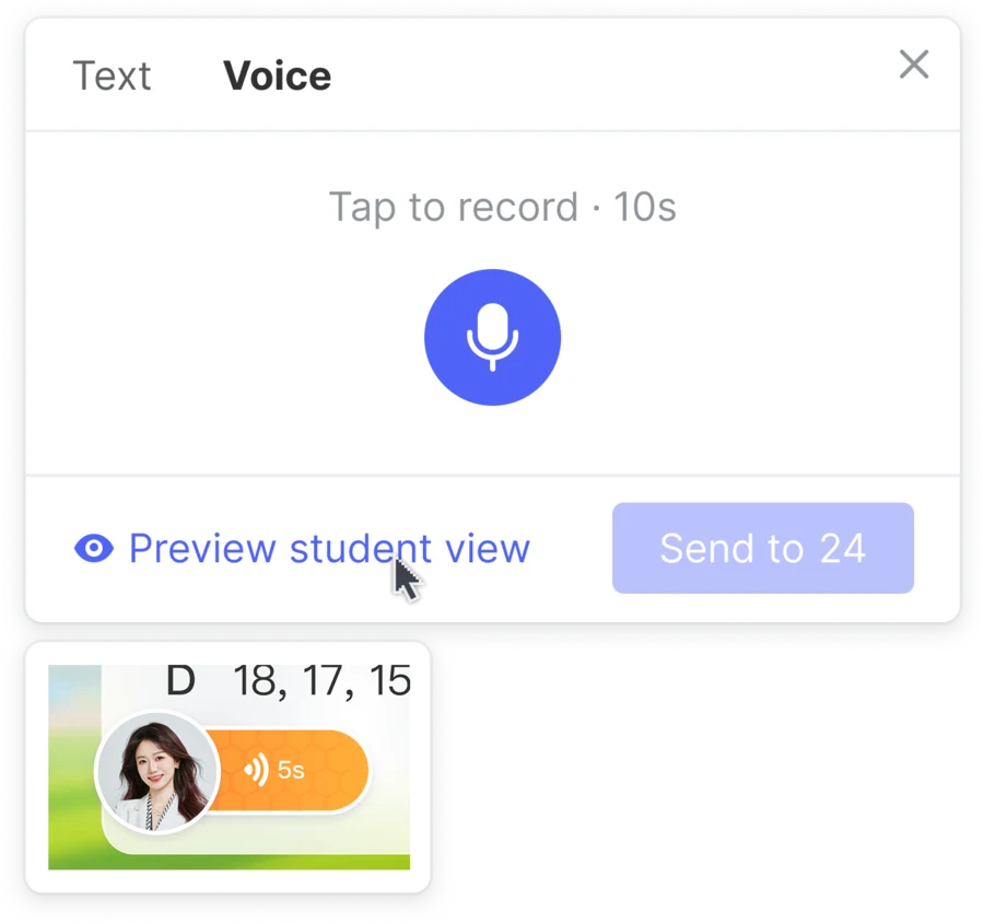Record a 10-second voice message for 24 students, with the card the student sees