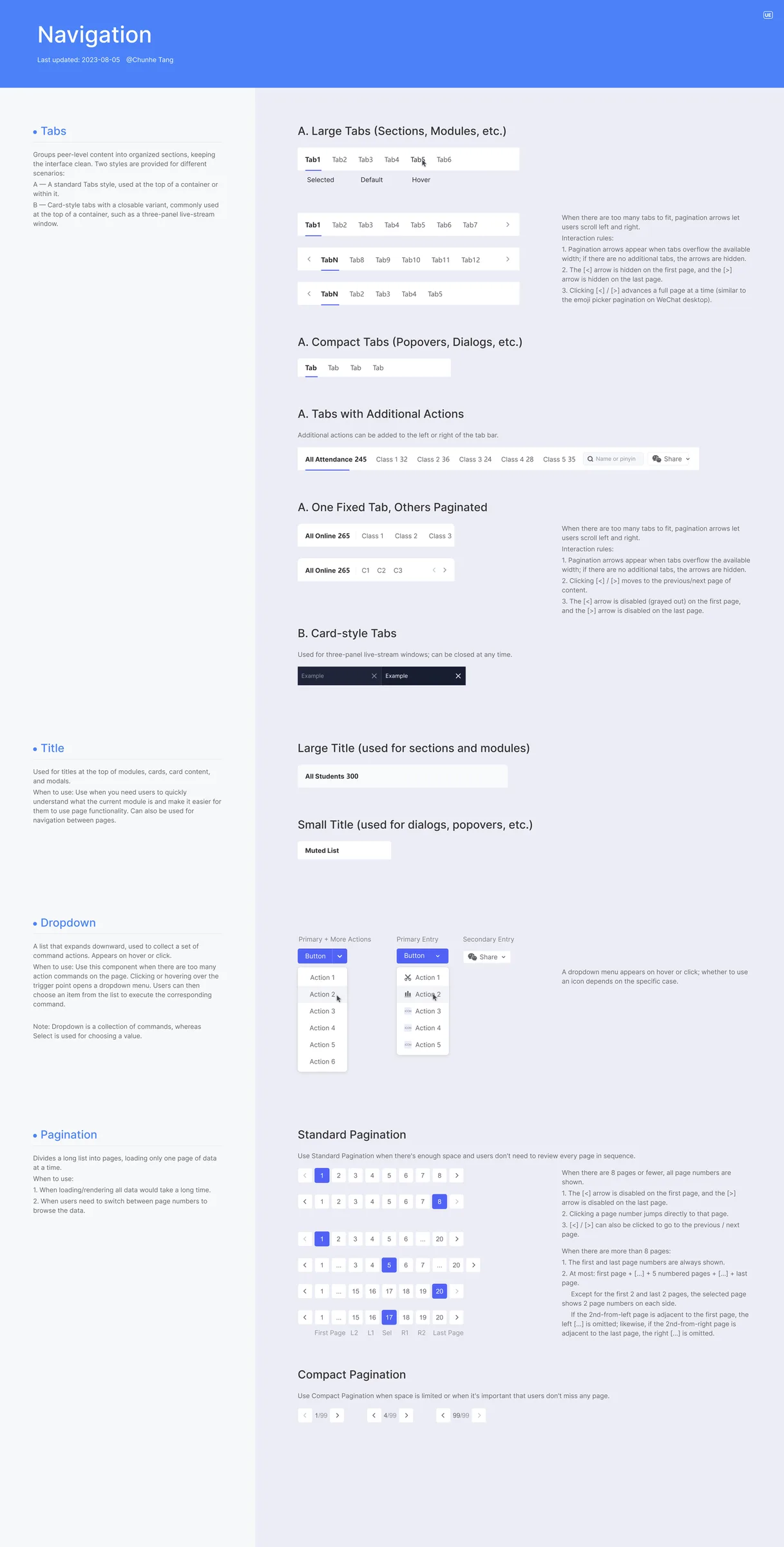 Navigation guidelines: tabs, titles, dropdowns and pagination, each with usage rules and interaction notes