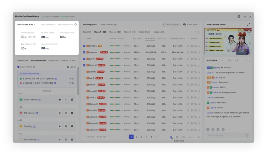 Redesigned pre-class dashboard: attendance rate, students online and participation at the top, with recommended follow-ups beside the class roster