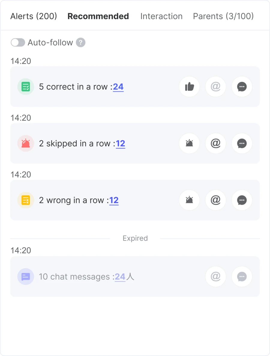 Recommended follow-ups with auto-follow off: streak, skipped and wrong-answer triggers, each with a student count and manual actions
