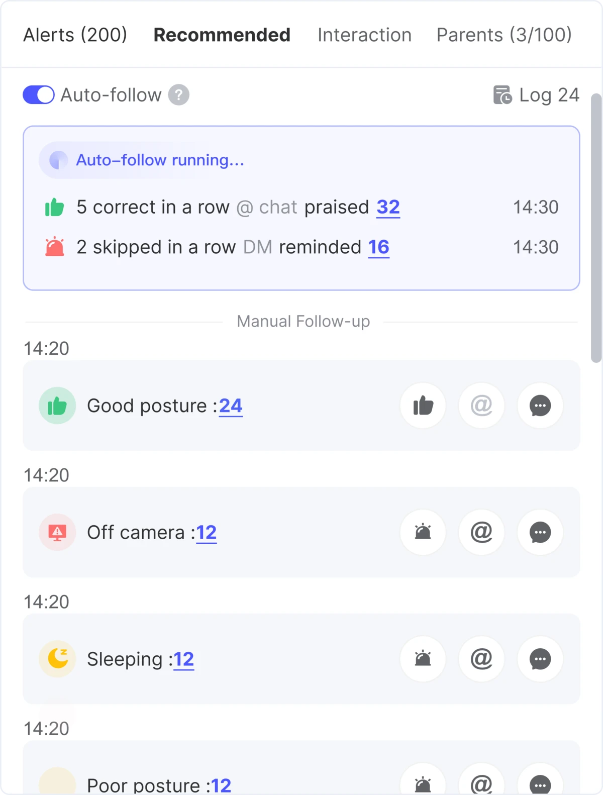 Recommended follow-ups with auto-follow on: the system praises and reminds automatically, logging each action, with a manual section below