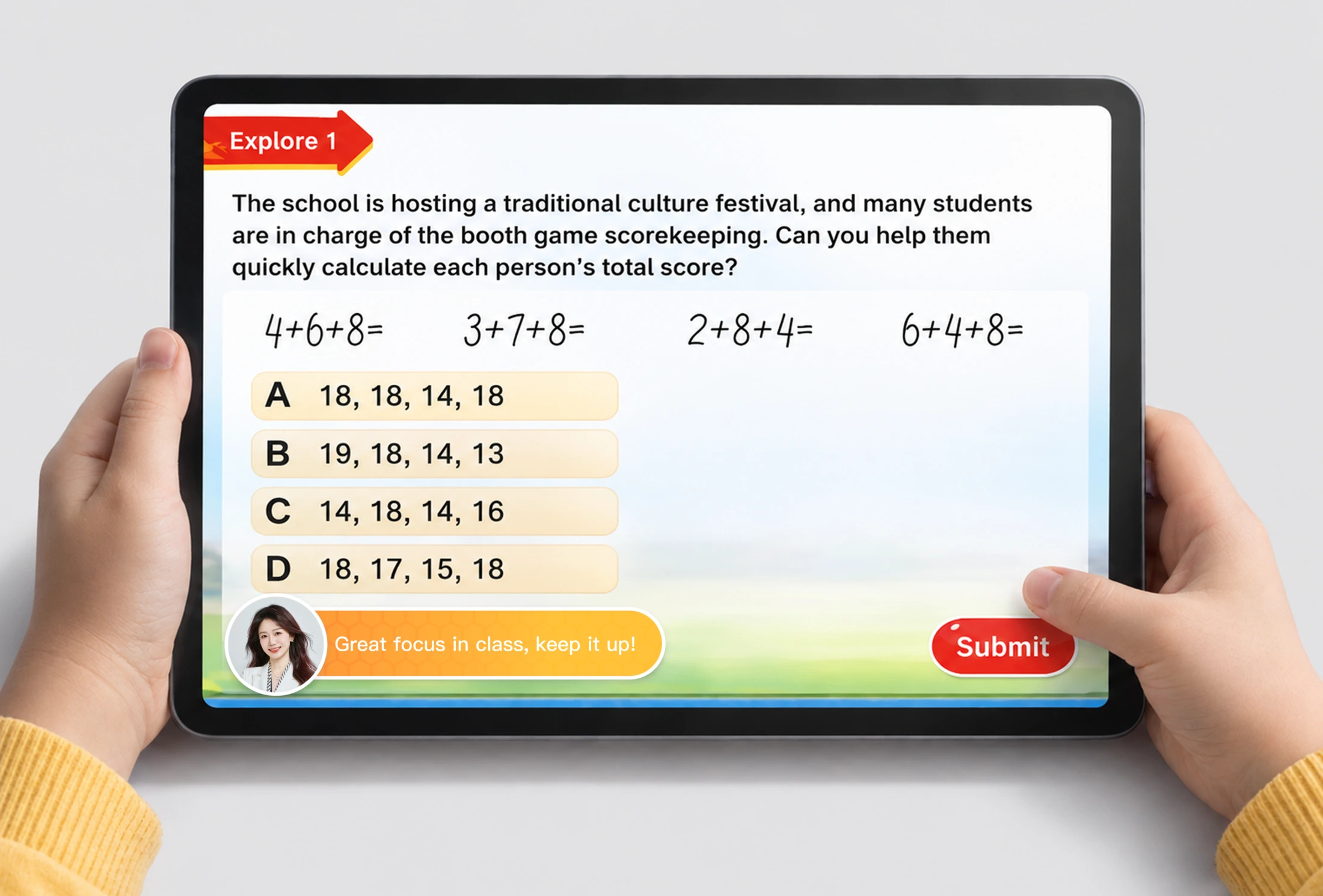Student view: a multiple-choice question on a tablet, with the teacher&rsquo;s encouragement appearing in the corner