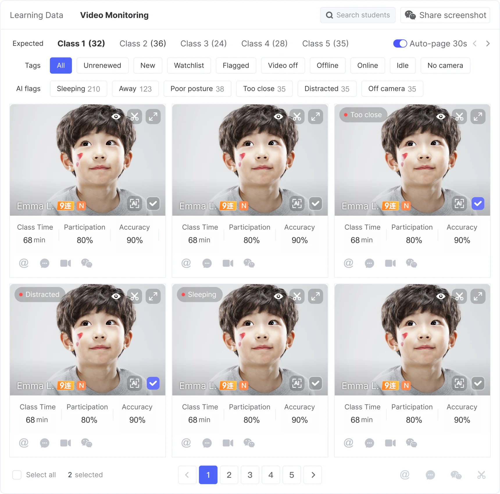 Video monitoring grid: student tiles with AI flags for sleeping, away, poor posture and off camera, each with class time, participation and accuracy