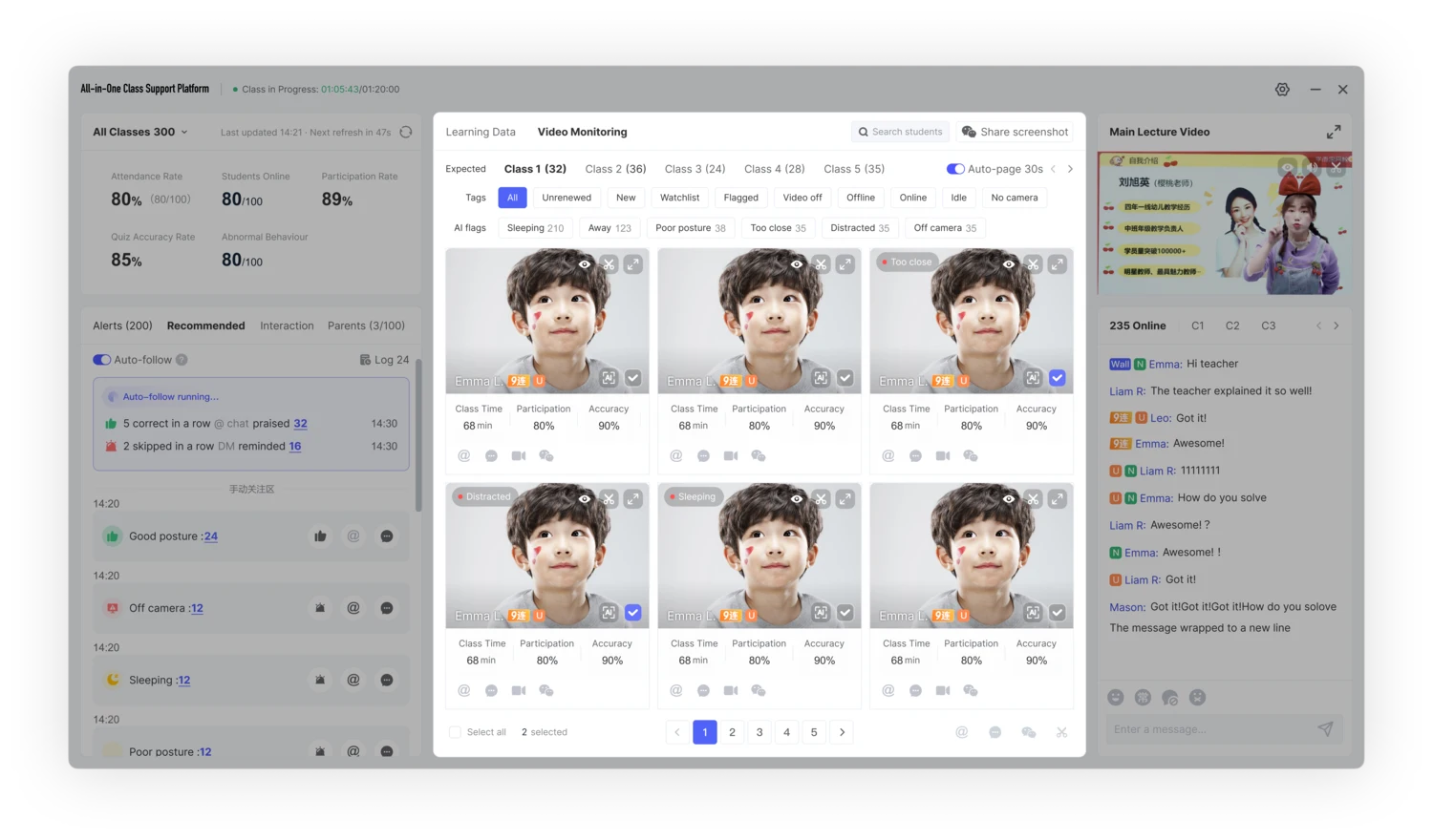 Video monitoring in the full platform: AI-flagged student tiles alongside the alert feed and the live lecture video